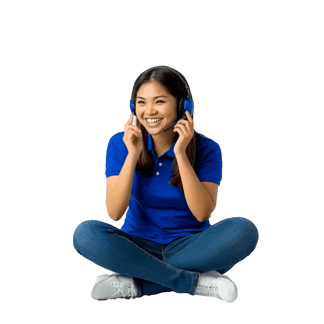 Smiling virtual assistant in a blue shirt providing customer support with a headset
